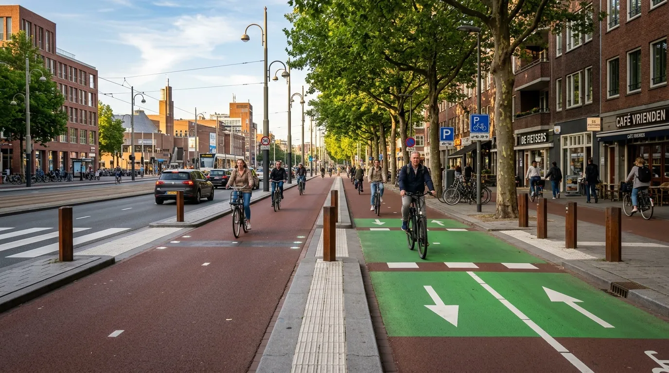 Rue néerlandaise avec piste cyclable verte, piétons et cyclistes
