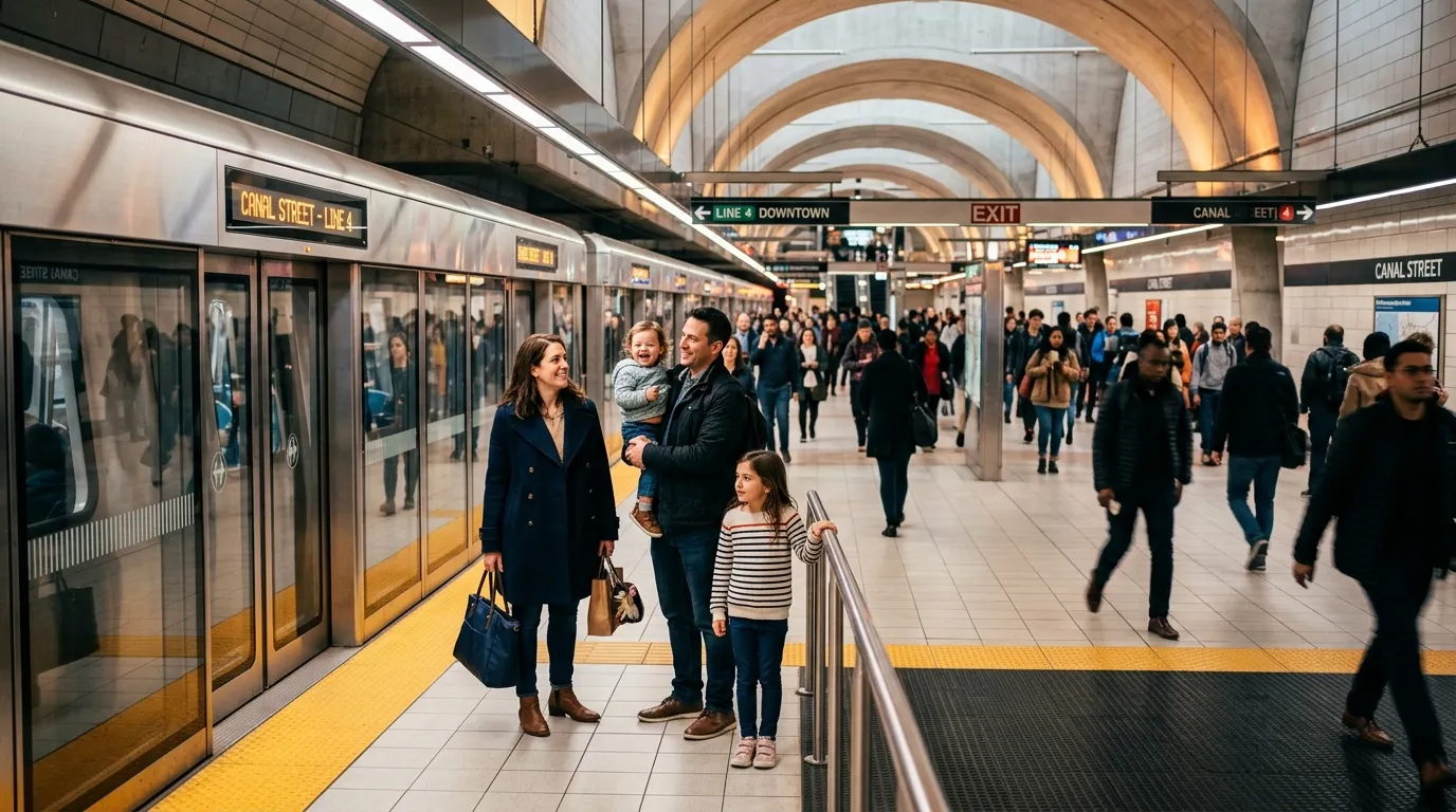 Famille dans une station de m&eacute;tro souterraine avec voyageurs