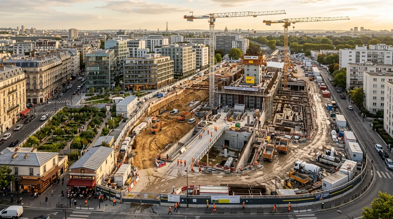 Vue a&eacute;rienne d'un grand chantier de construction &agrave; Paris avec grues