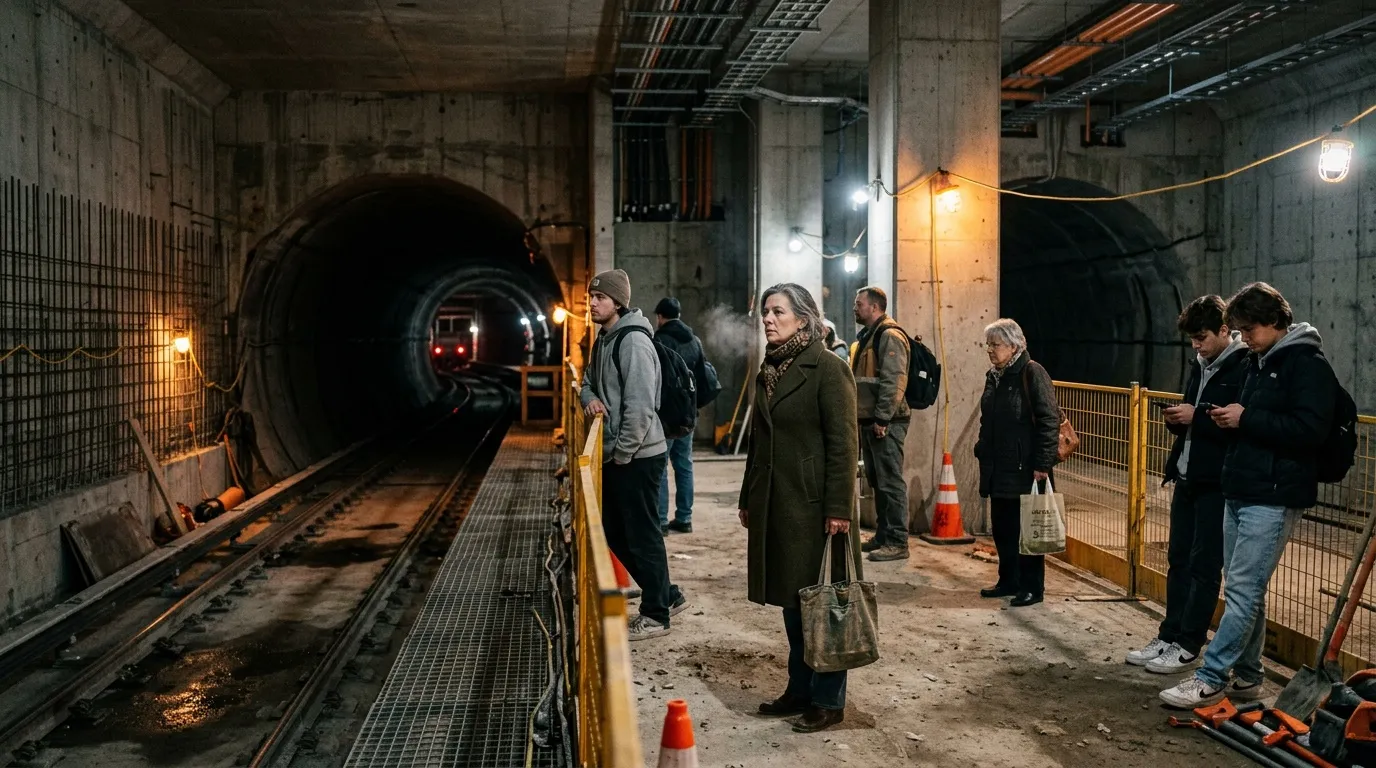 Groupe de visiteurs dans un tunnel de m&eacute;tro avec train approchant