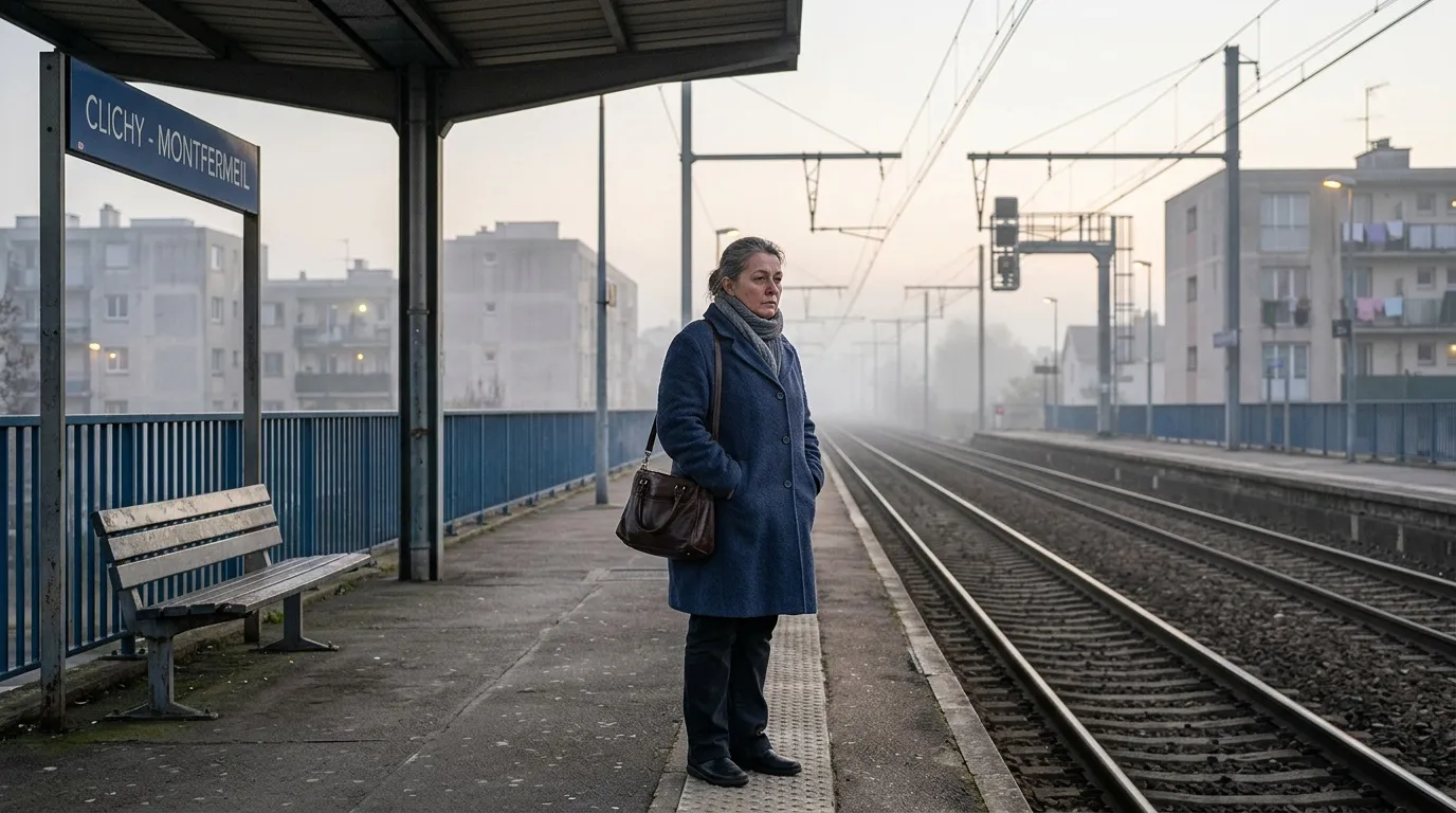 Femme attendant son train sur le quai brumeux