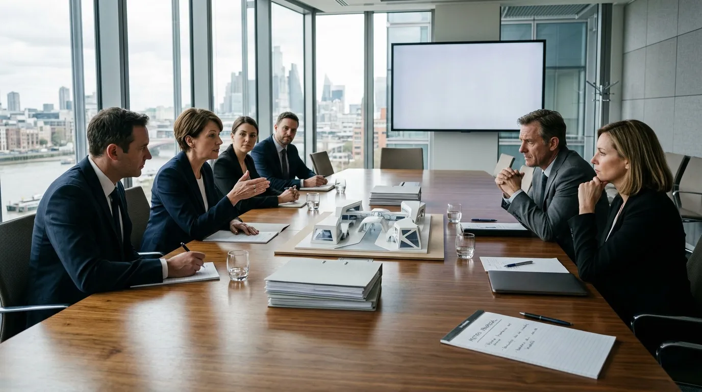 Six professionnels en r&eacute;union autour d'une table de conf&eacute;rence