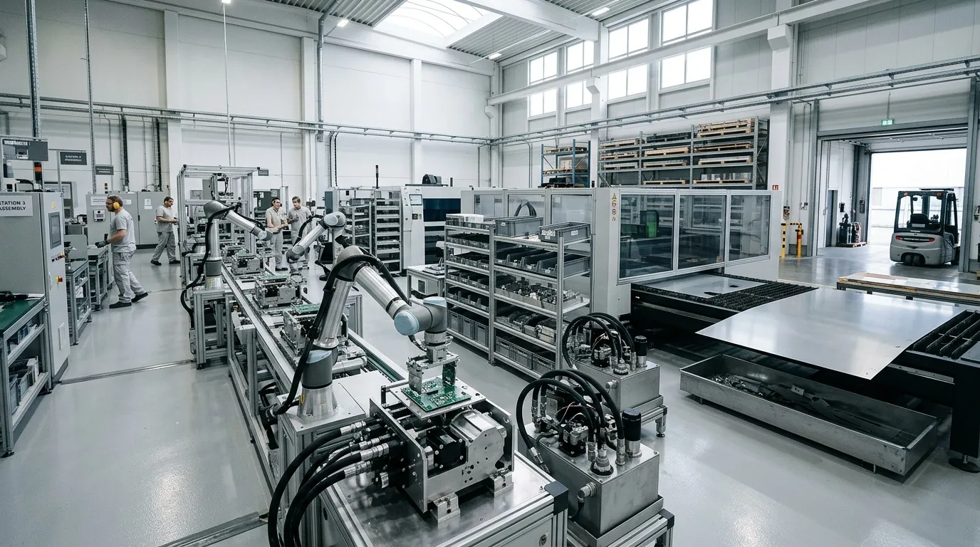Usine high-tech avec robots collaboratifs et équipements de production