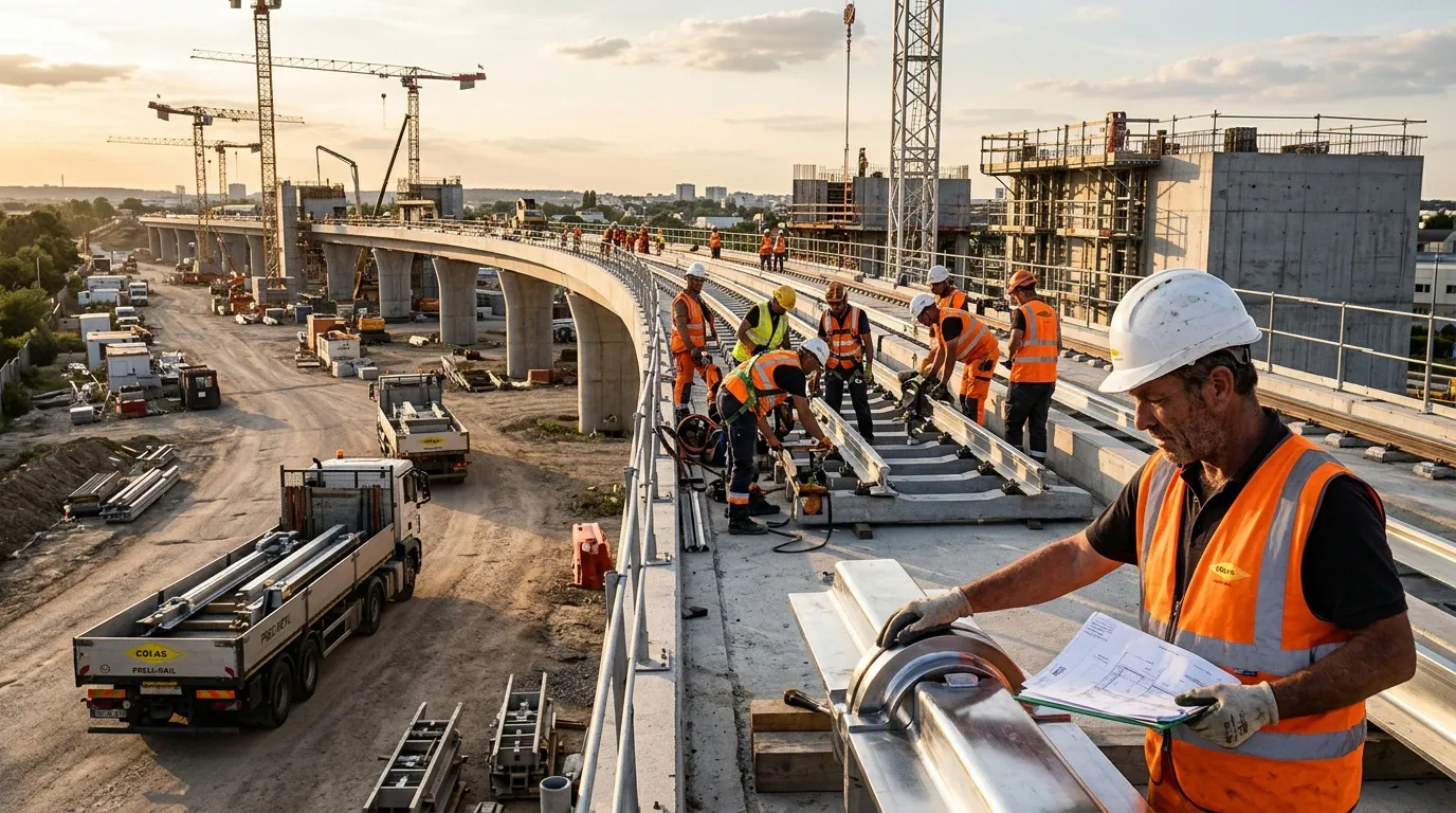 Ouvriers en gilets orange inspectent une voie ferrée en construction