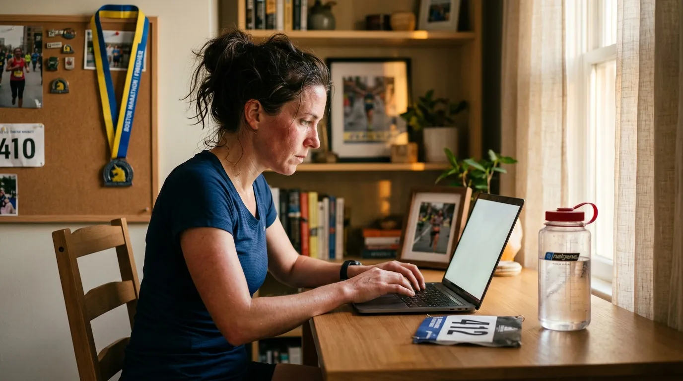 Femme en chemise bleue tapant sur un laptop à son bureau