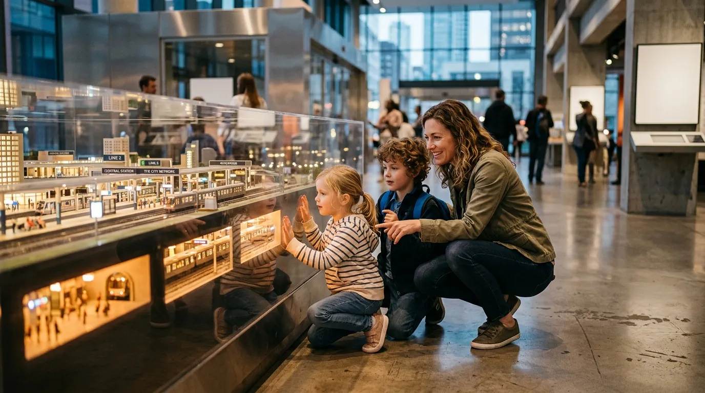 M&egrave;re et enfants observent maquette architecture b&acirc;timents illumin&eacute;s