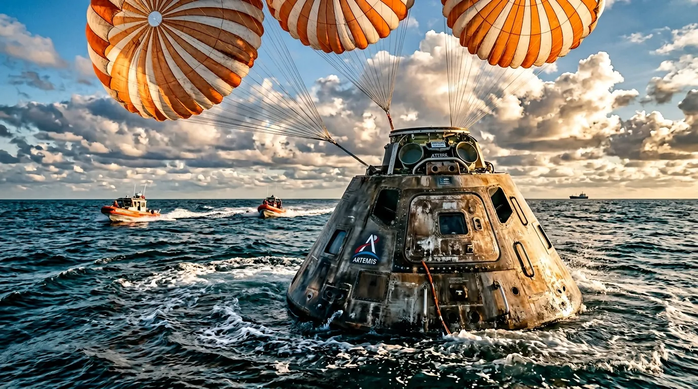 Capsule spatiale Artemis splashdown océan parachutes orange