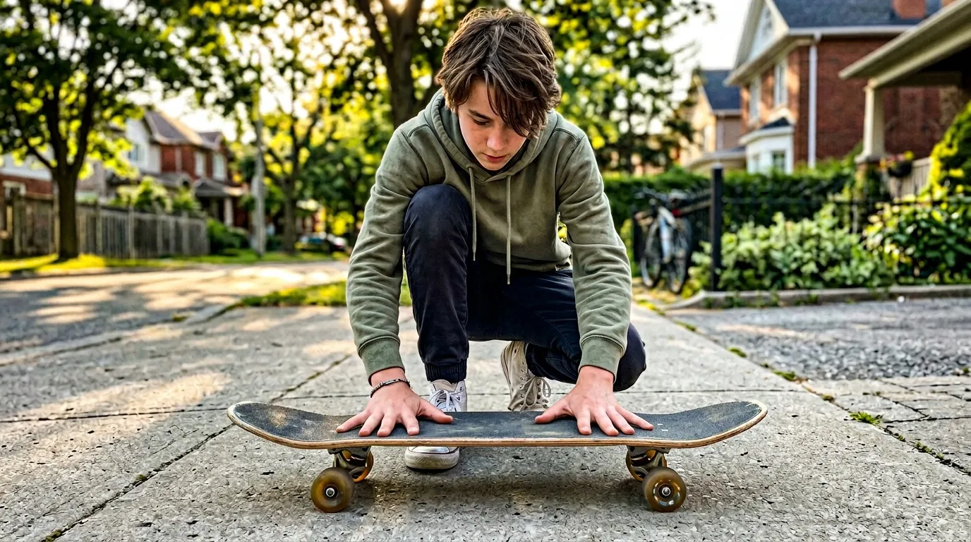 Adolescent en hoodie gris &eacute;quilibre sur skateboard rue calme