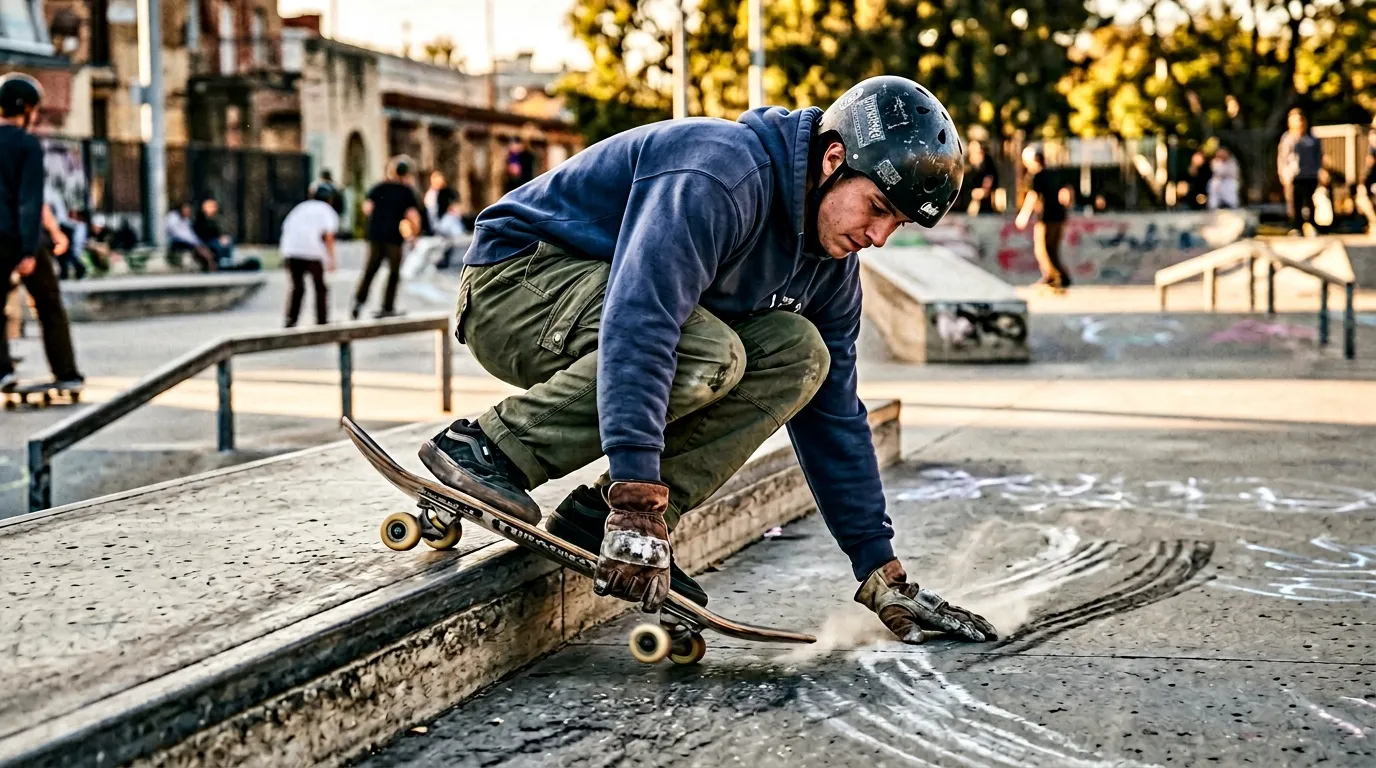 Skateur casqu&eacute; ex&eacute;cute un trick sur un rail b&eacute;ton