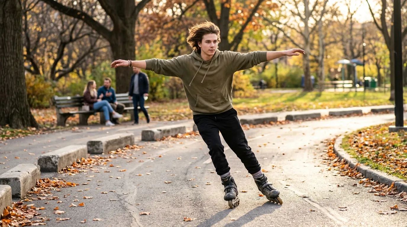 Adolescent patine sur route de parc avec feuilles mortes