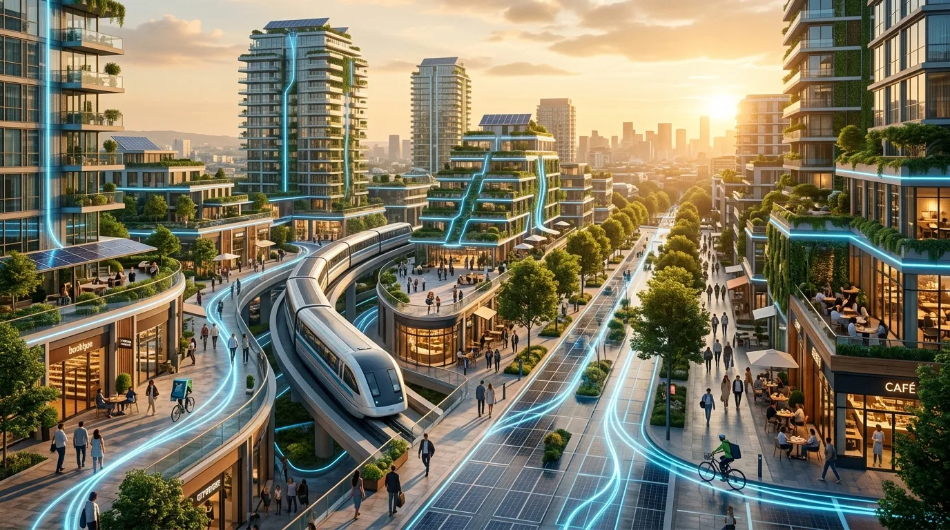 Métropole verte du futur avec transports intelligents et énergie solaire