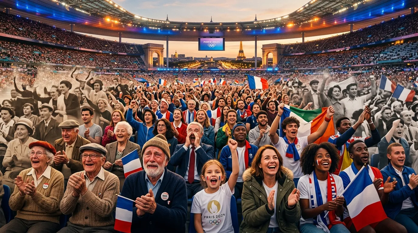 Foule diverse au stade Olympic de Paris c&eacute;l&eacute;brant avec drapeaux fran&ccedil;ais