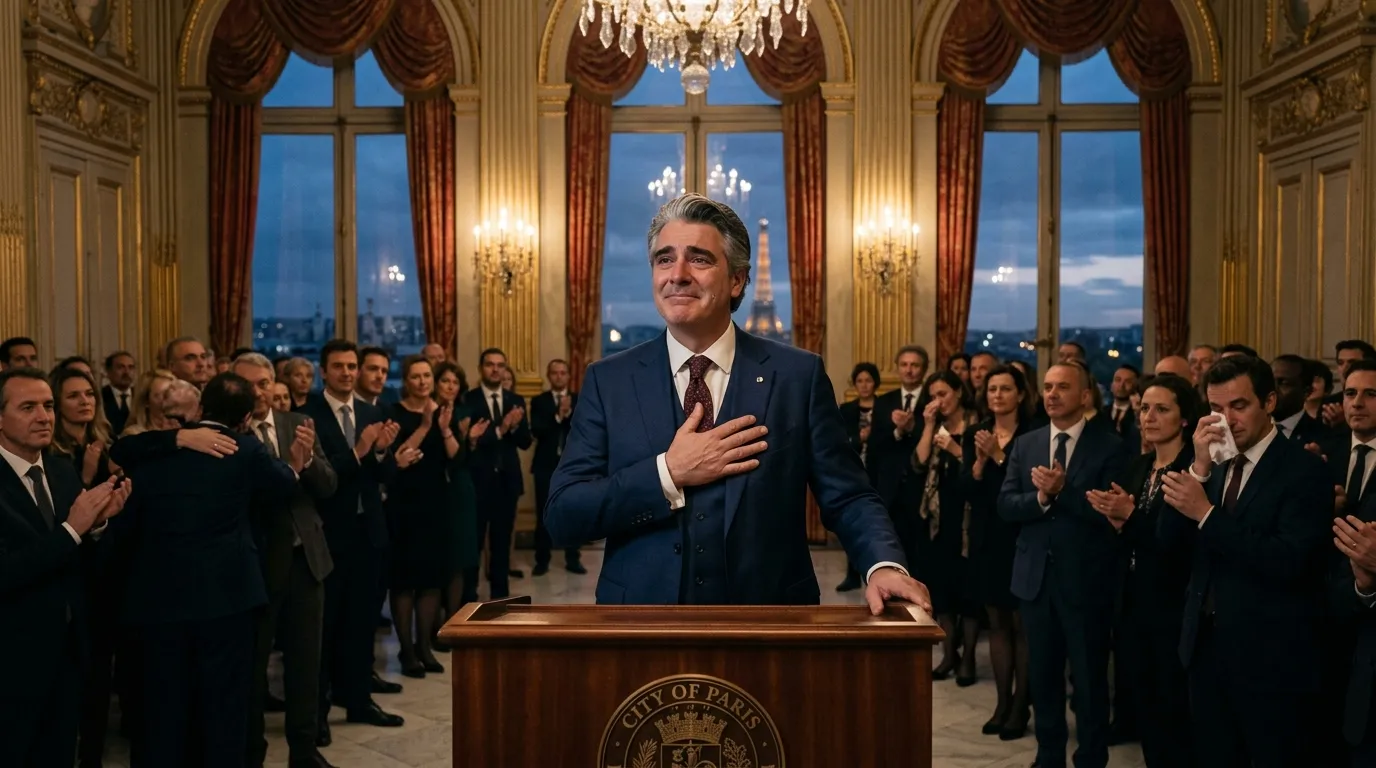 Homme en costume prenant la parole devant un pupitre officiel, entour&eacute; de dignitaires