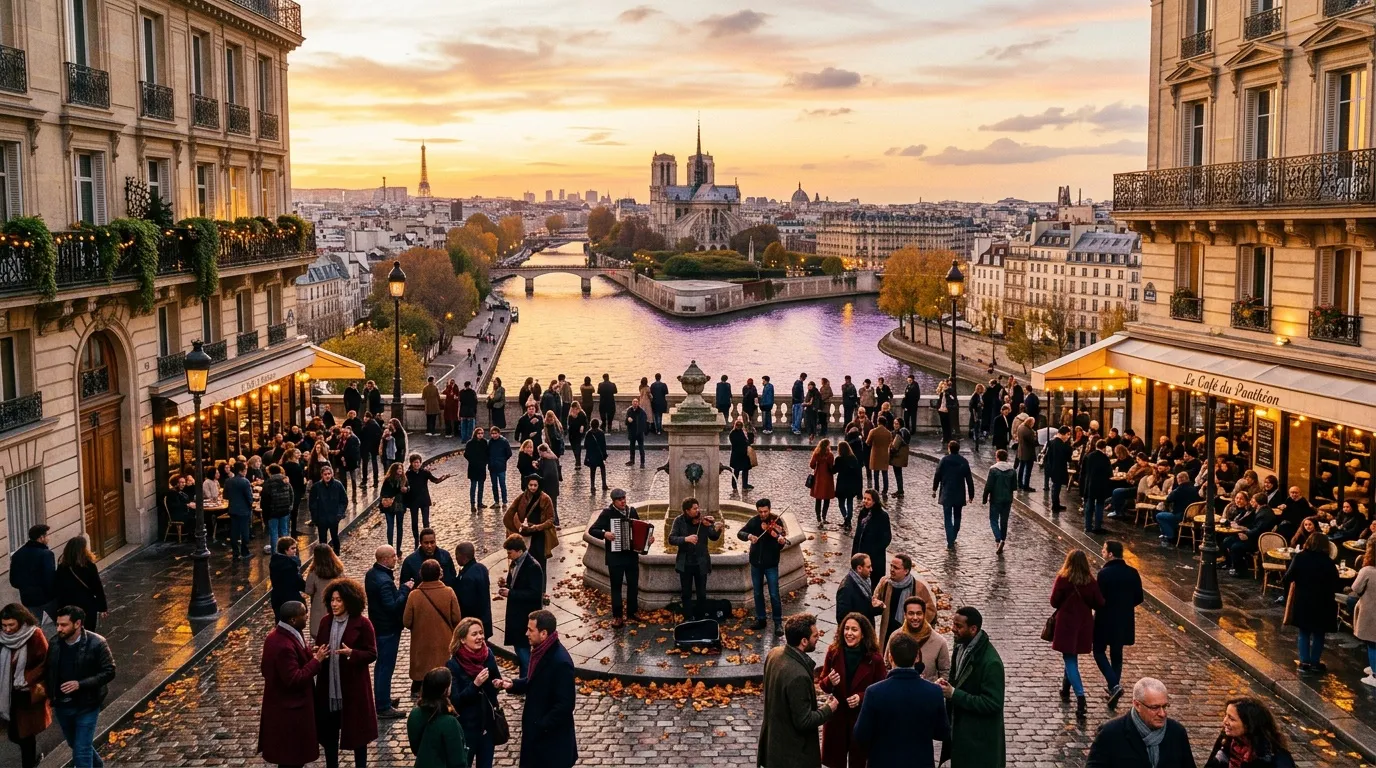 Place parisienne anim&eacute;e au coucher de soleil avec Notre-Dame en arri&egrave;re-plan