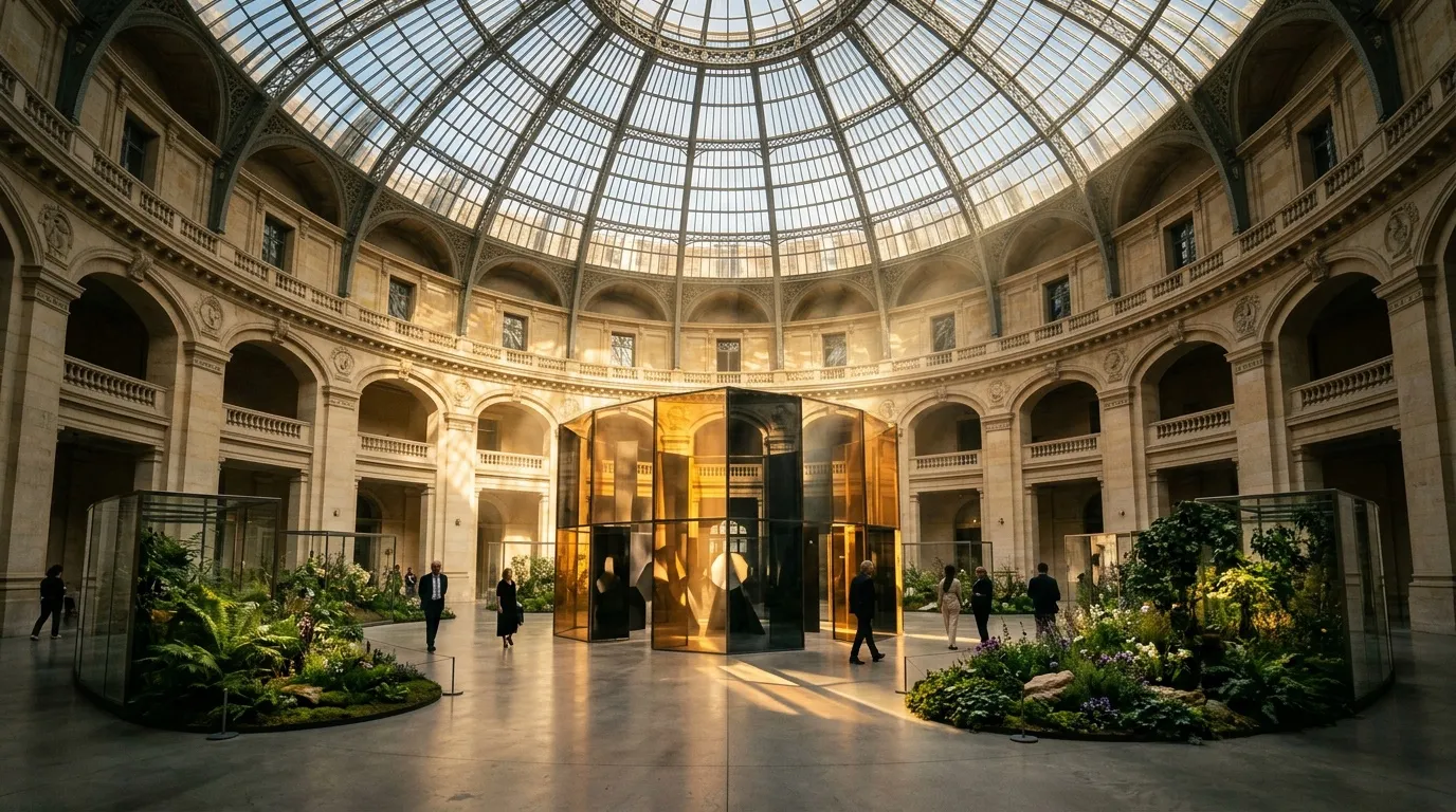 Int&eacute;rieur architectural avec d&ocirc;me de verre et installations artistiques dor&eacute;es