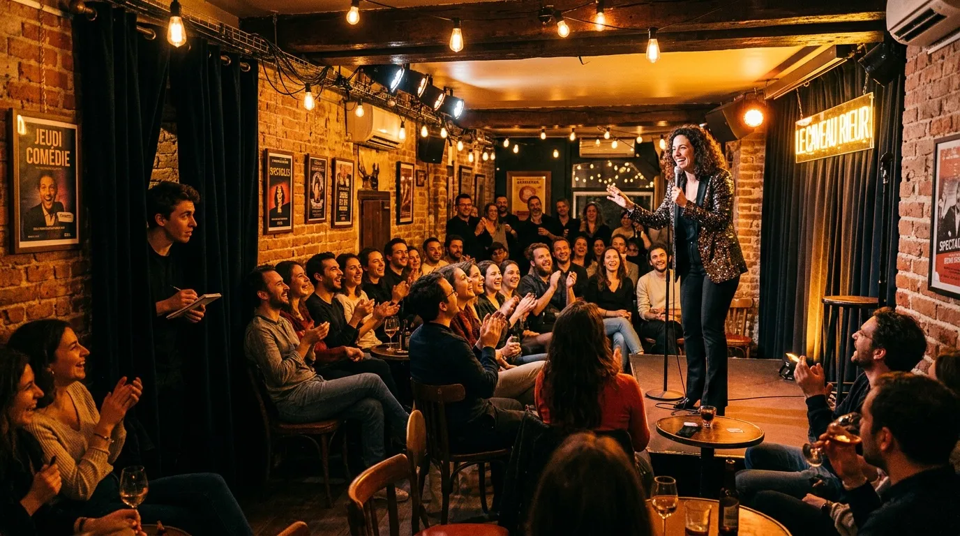 Comédienne sur scène devant un public assis dans un club de comédie