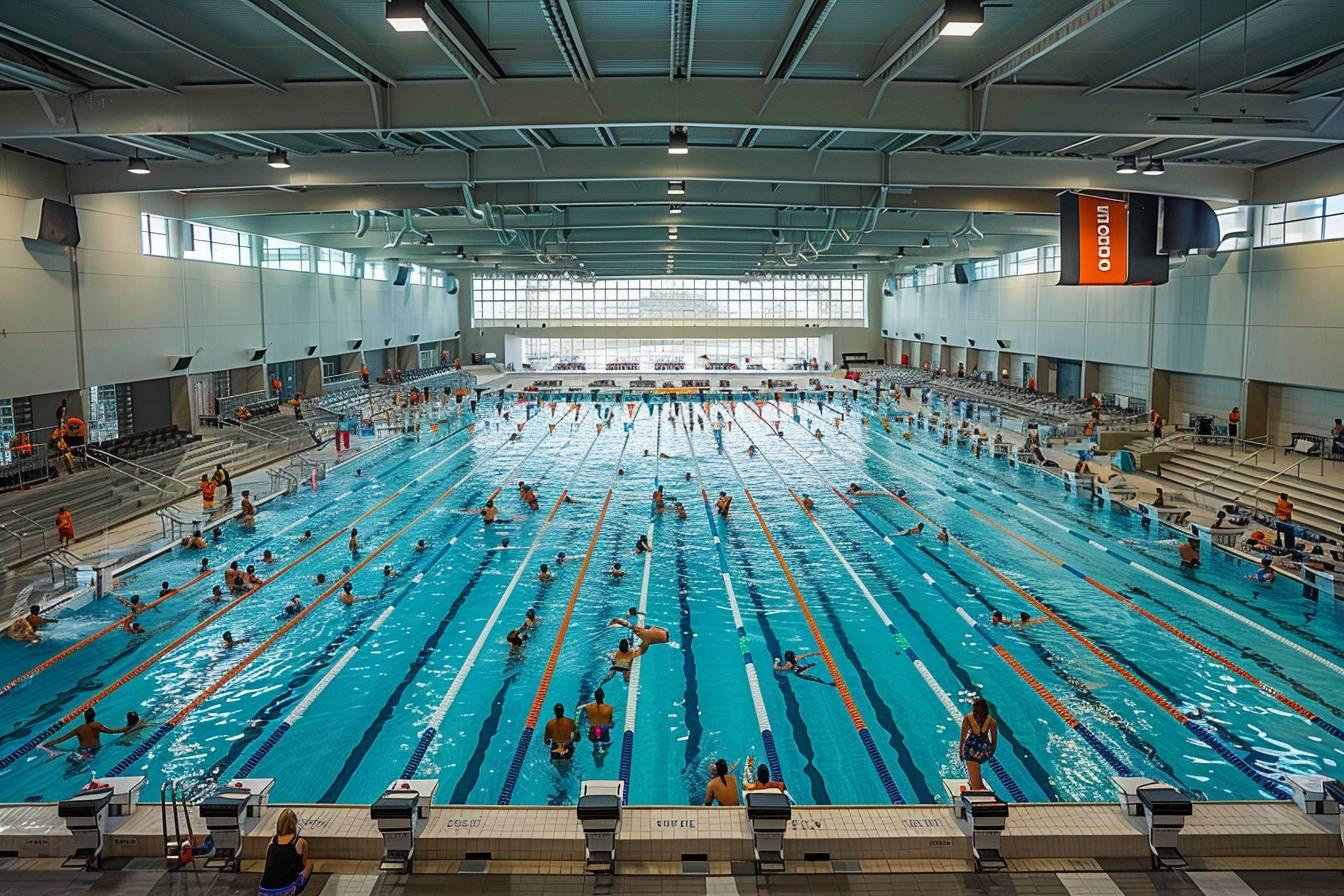 Une vaste piscine int&eacute;rieure avec de nombreux nageurs dans l'eau