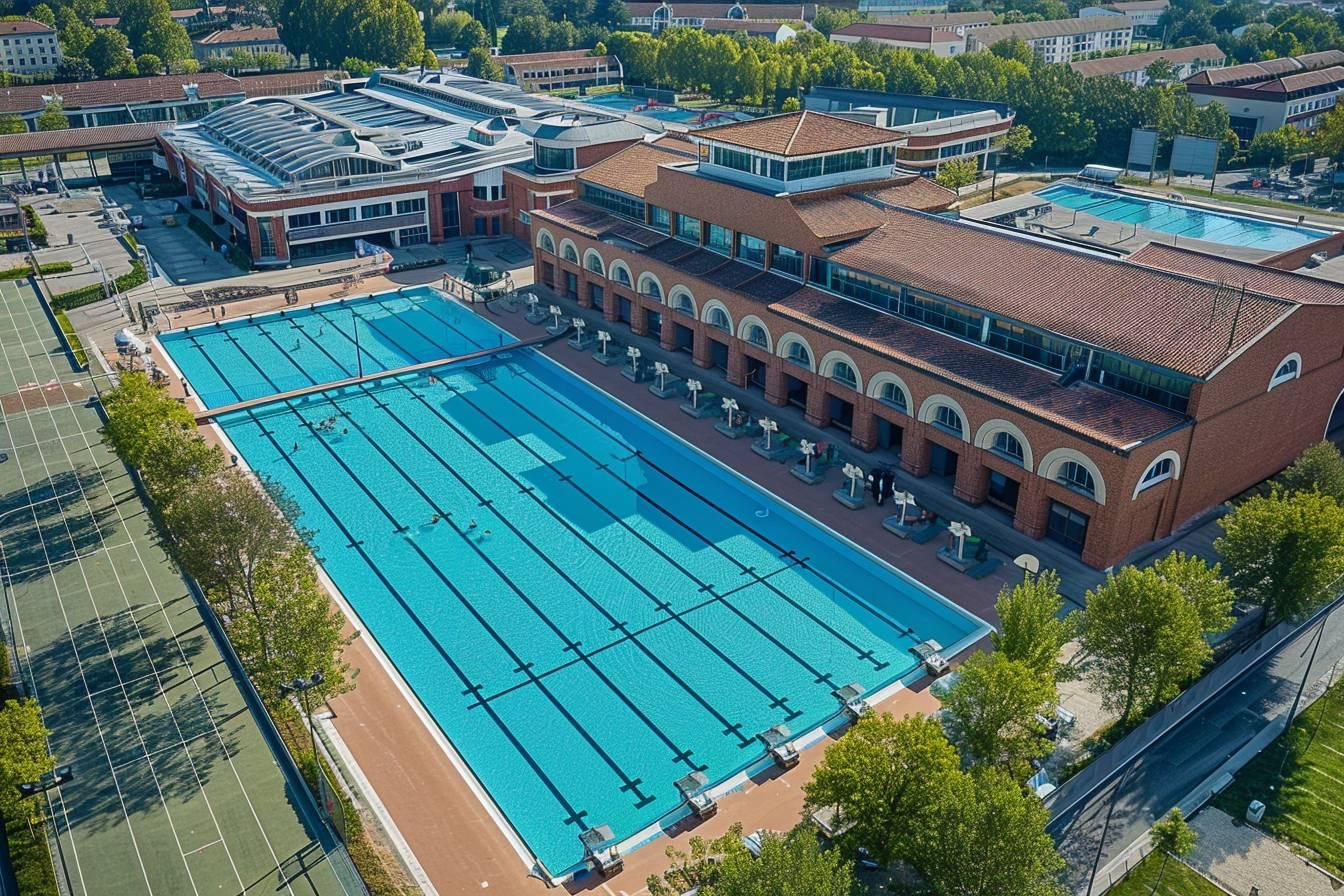 Vue a&eacute;rienne d'un centre aquatique avec plusieurs piscines ext&eacute;rieures