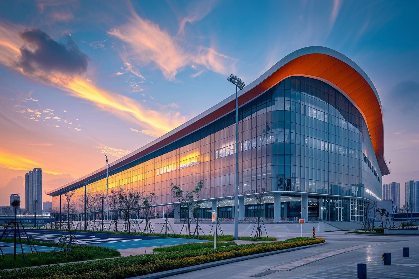 Un b&acirc;timent moderne aux lignes &eacute;l&eacute;gantes et color&eacute;es, avec un &eacute;clairage spectaculaire au coucher de soleil.
