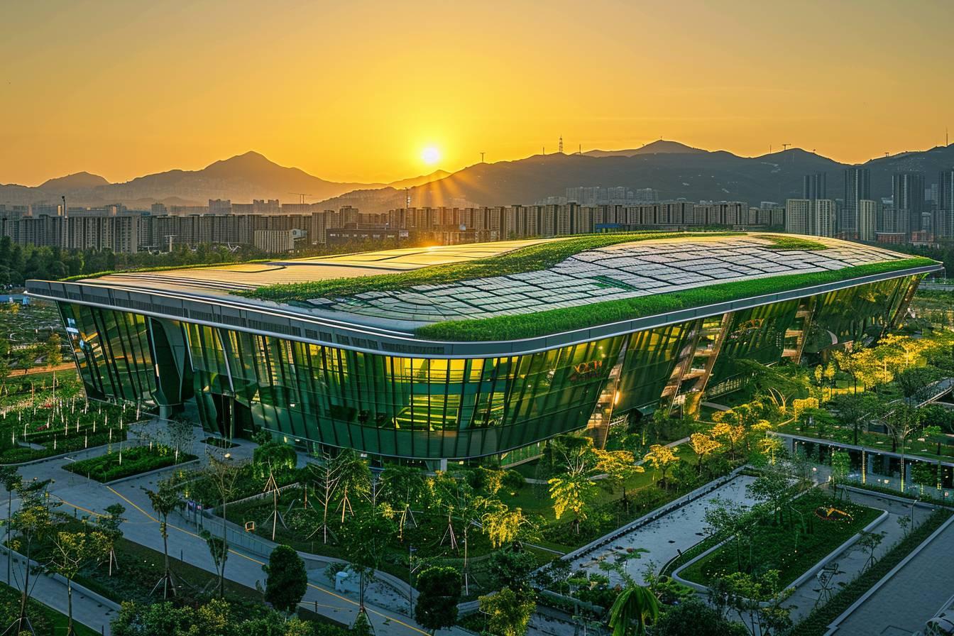 Magnifique b&acirc;timent futuriste avec toit v&eacute;g&eacute;talis&eacute;, entour&eacute; de gratte-ciel.