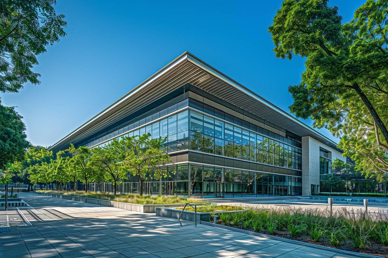 B&acirc;timent &agrave; plusieurs &eacute;tages avec fa&ccedil;ade en verre et toit en bois entour&eacute; d'arbres