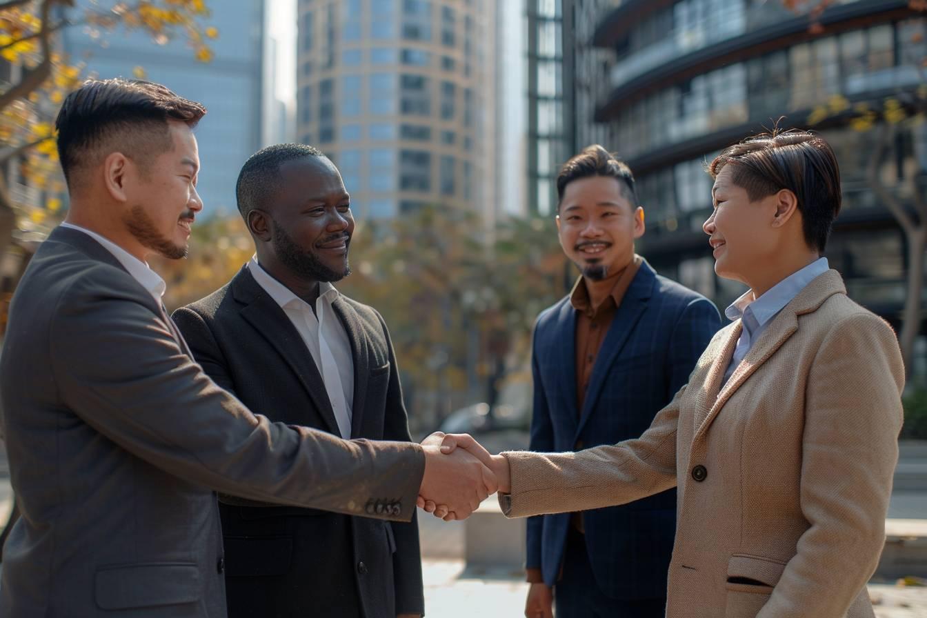 Quatre hommes en costume s'&eacute;treignent et discutent dans un immeuble moderne