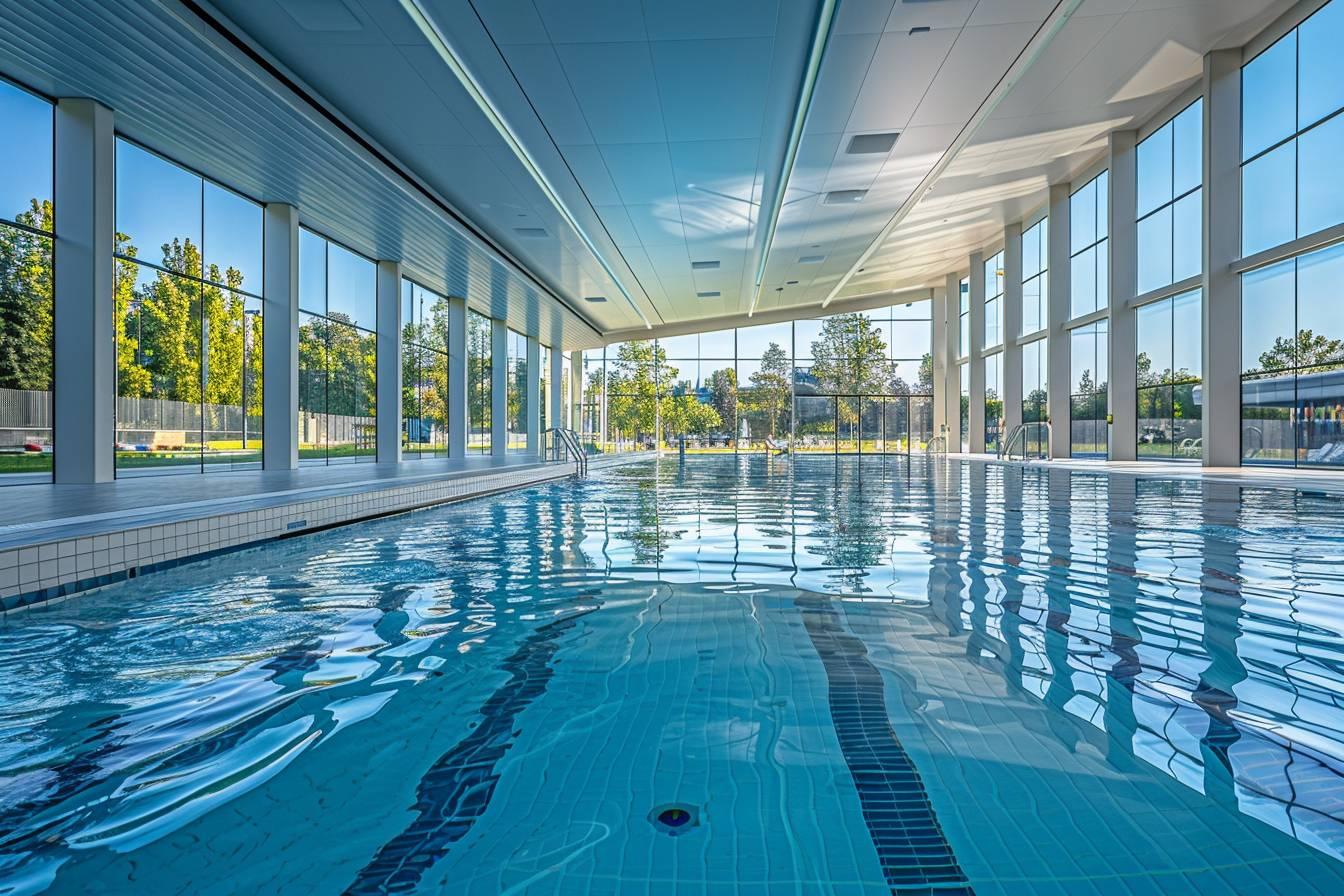 Piscine int&eacute;rieure de centre sportif avec grande verri&egrave;re et reflets