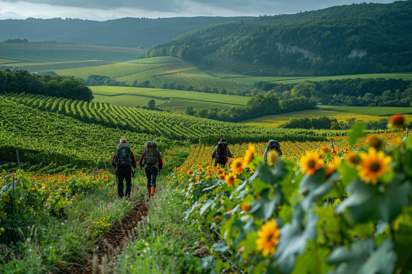 Paysage verdoyant avec des randonneurs marchant dans un champ de fleurs