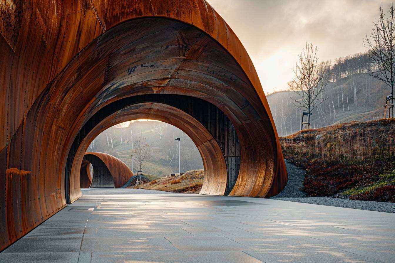 Tunnel en bois courb&eacute; avec vue sur une campagne bois&eacute;e