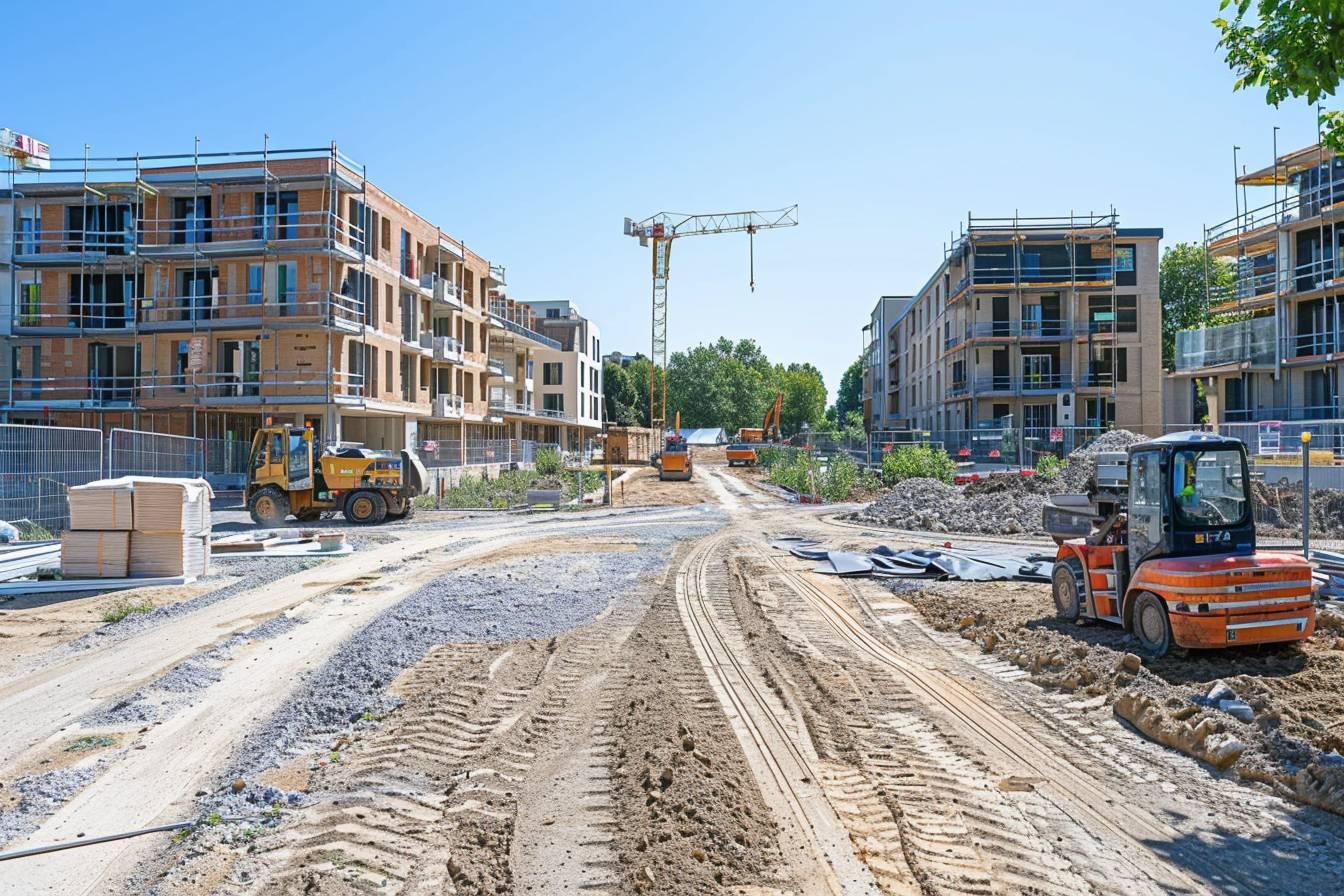 Nouvelle zone r&eacute;sidentielle en cours de construction avec grues et engins de chantier.