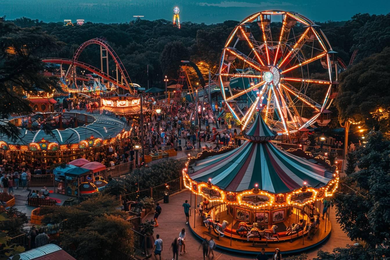 Parc d'attractions anim&eacute; avec grande roue illumin&eacute;e et man&egrave;ges color&eacute;s