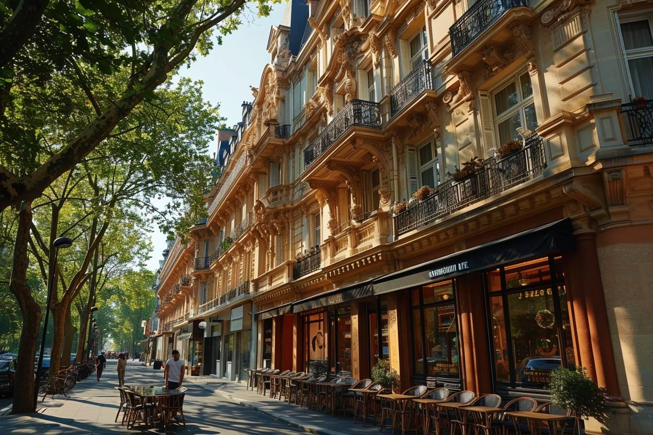 Immeuble historique avec d&eacute;cor ouvrag&eacute;, terrasse et promenade ombrag&eacute;e