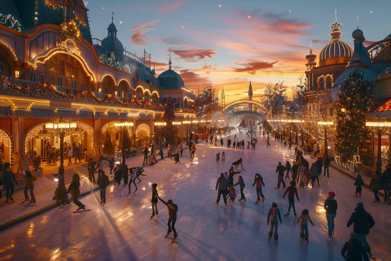 Paysage urbain f&eacute;erique avec patinoire illumin&eacute;e et foule d'enfants et adultes.