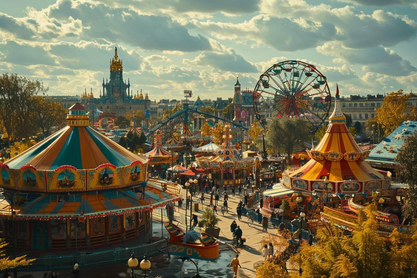 Vue panoramique d'un parc d'attractions color&eacute; et anim&eacute; en automne