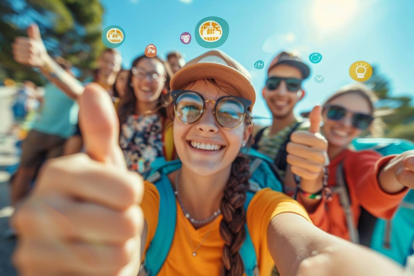 Groupe d'amis souriants en voyage, avec des ic&ocirc;nes color&eacute;es
