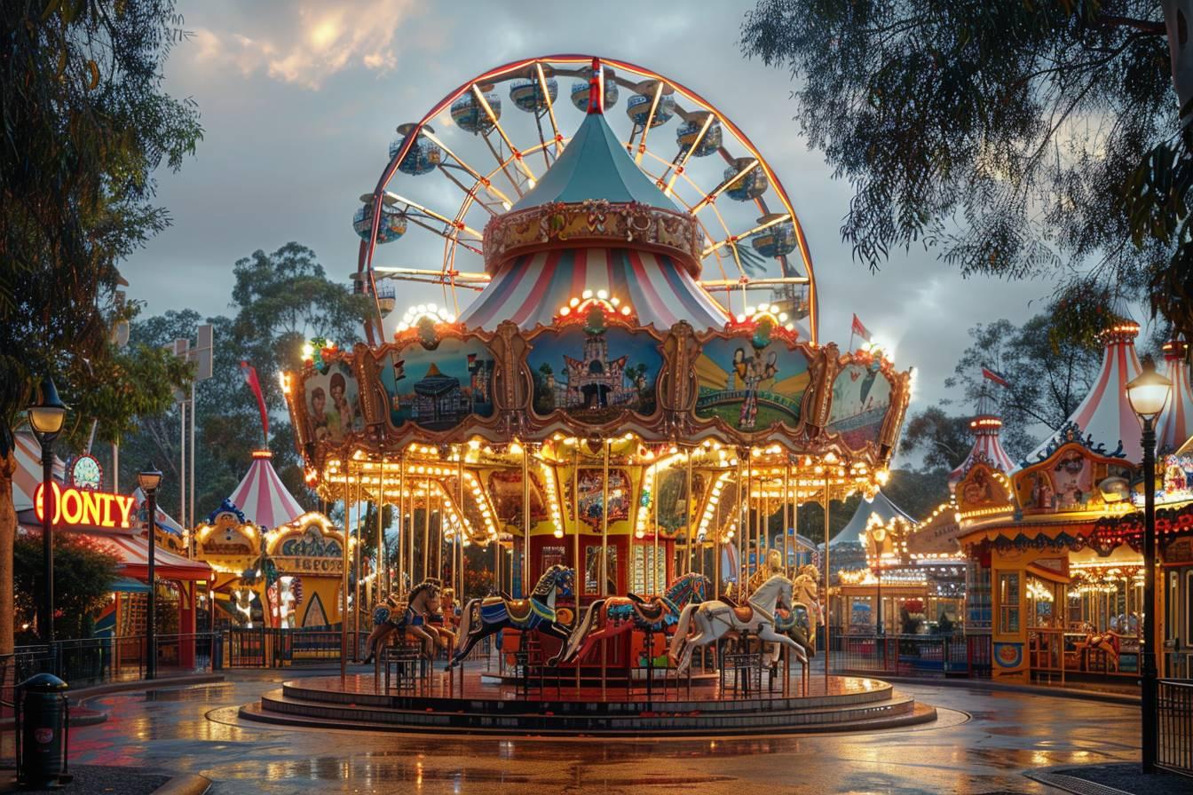 Carrousel en plein air illumin&eacute; la nuit dans un parc d'attractions