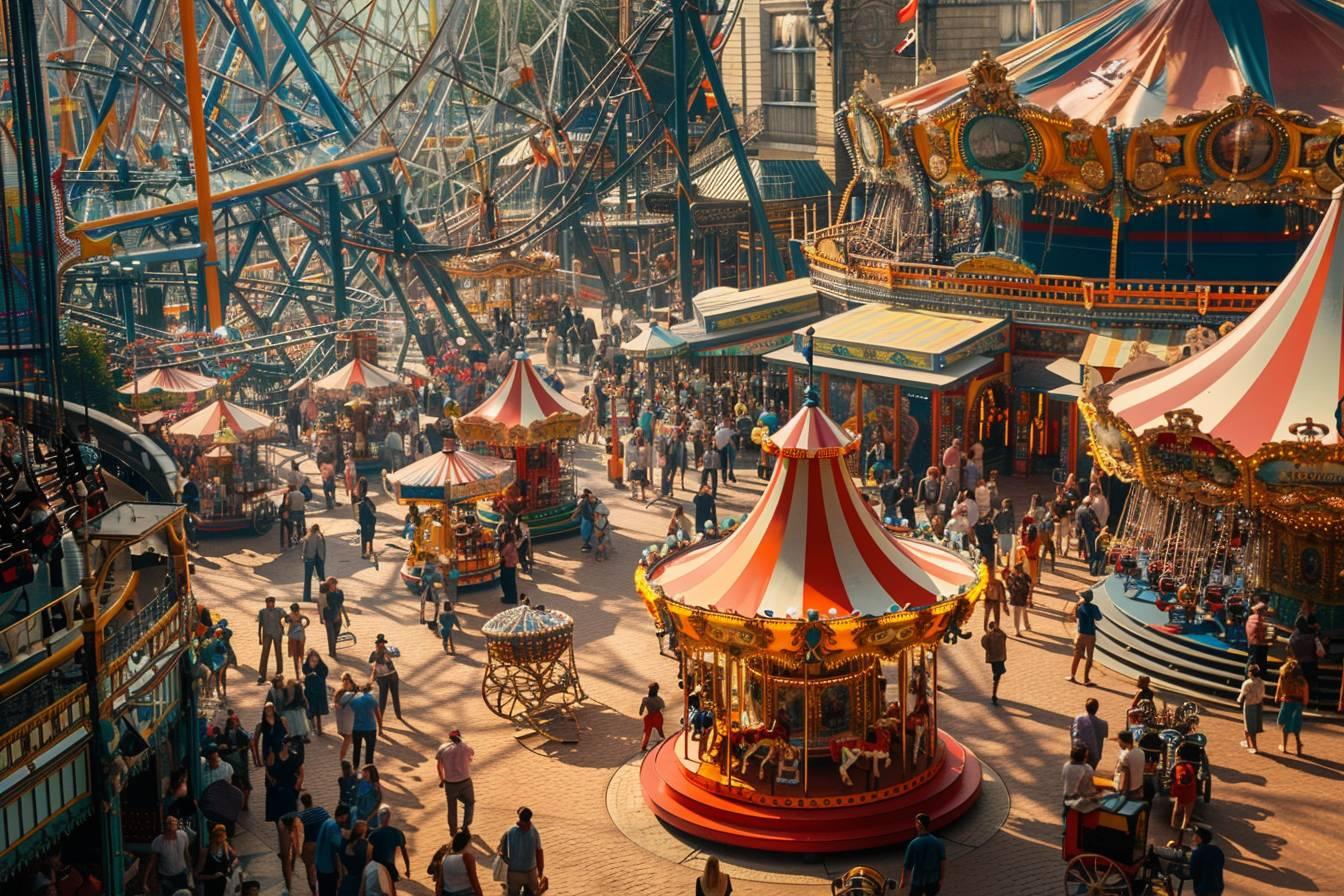 Foule de personnes dans un parc d'attractions anim&eacute; et color&eacute;