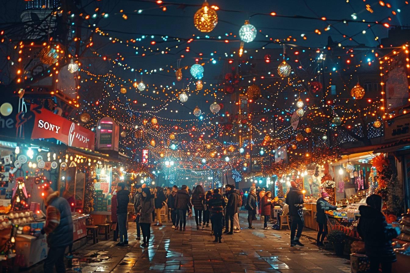 Vue nocturne d'un march&eacute; de No&euml;l anim&eacute; avec de nombreuses d&eacute;corations lumineuses