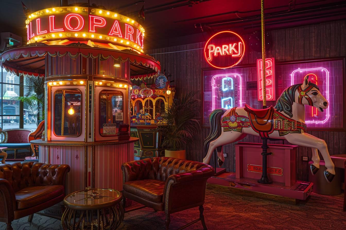 Int&eacute;rieur color&eacute; d'un parc d'attractions avec man&egrave;ges et d&eacute;corations lumineuses.