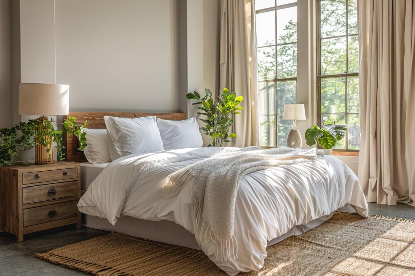 Chambre lumineuse avec lit confortable et d&eacute;corations v&eacute;g&eacute;tales
