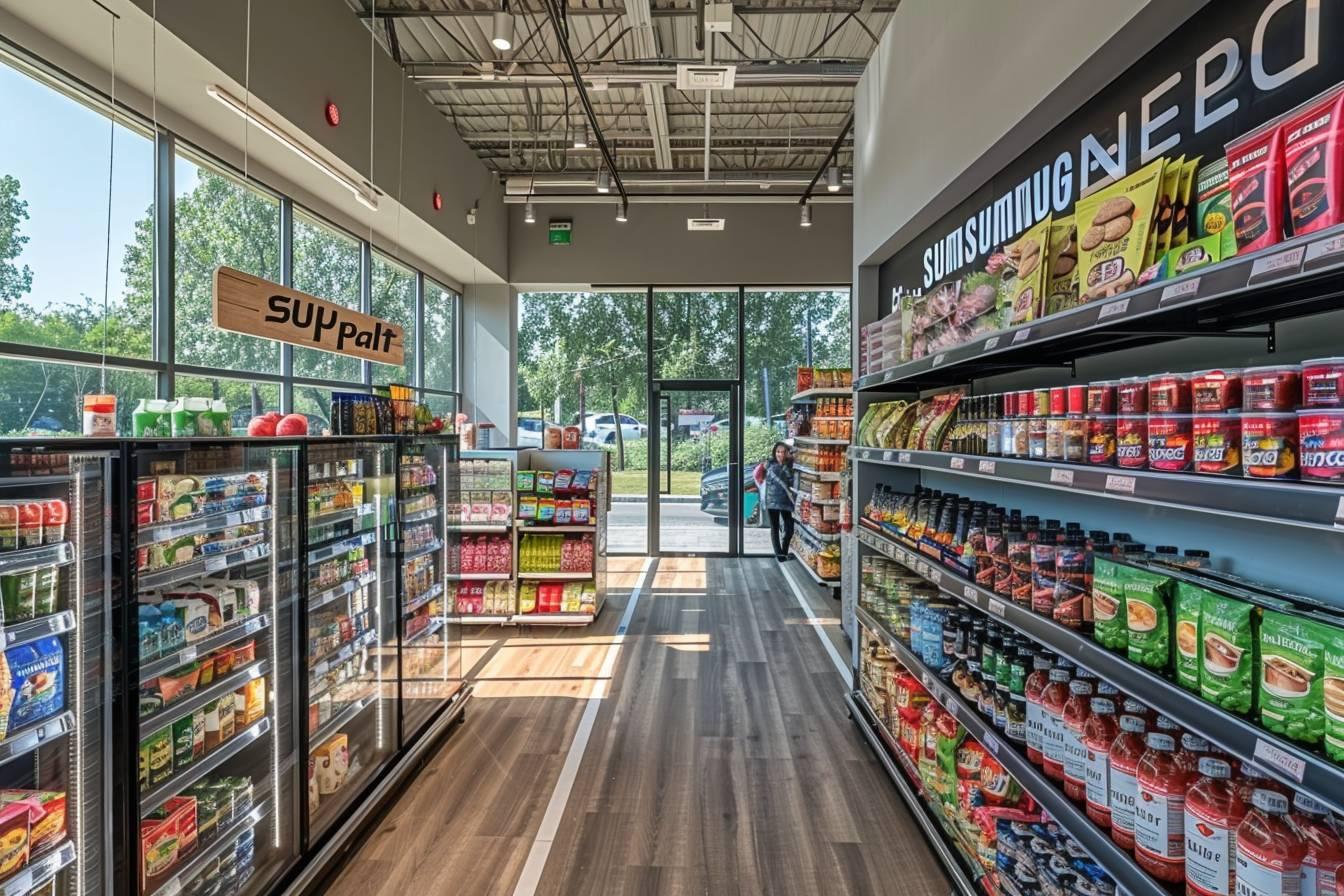 Int&eacute;rieur de supermarch&eacute; rempli d'&eacute;tag&egrave;res de produits alimentaires et de boissons.