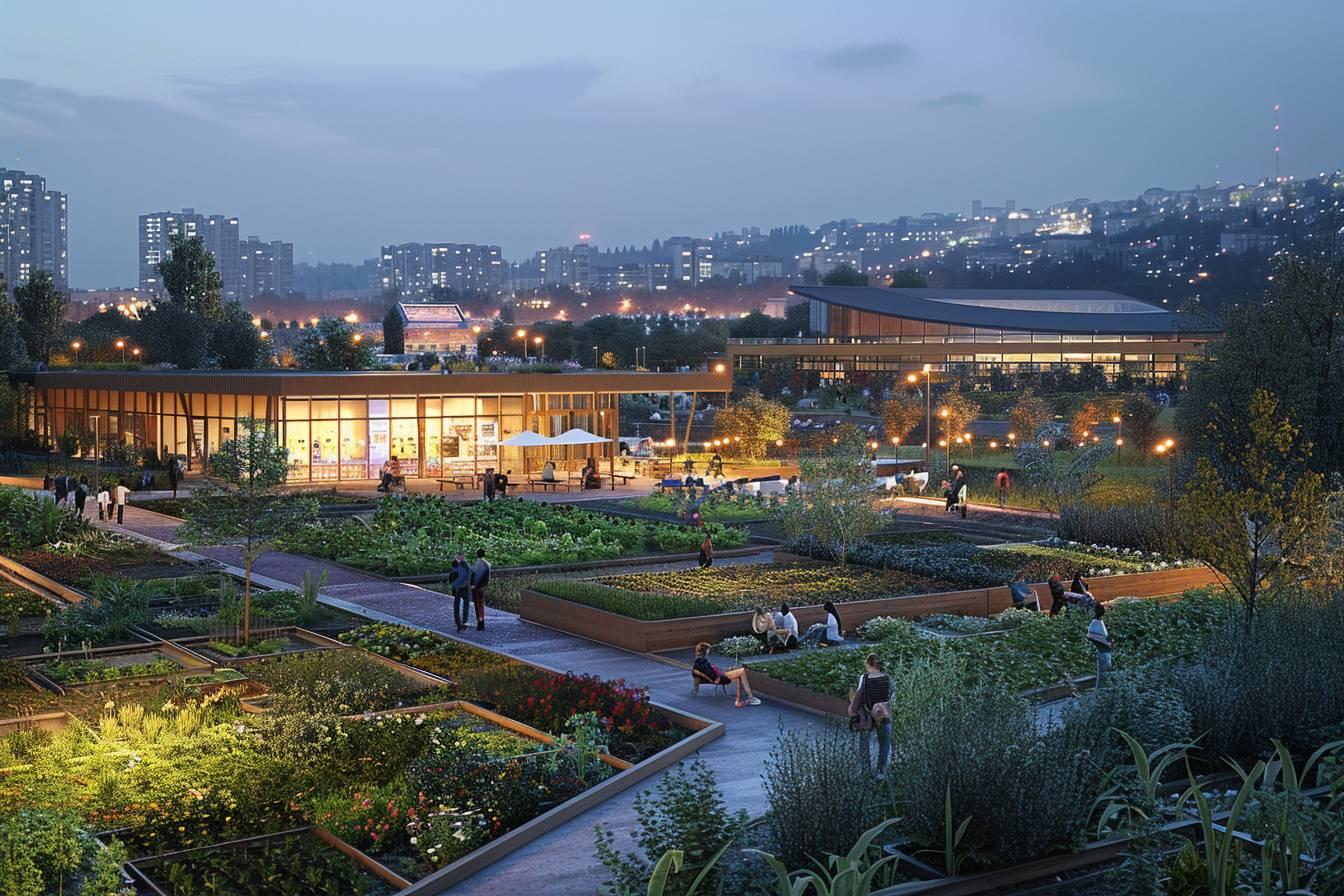 Vue panoramique d'un jardin public am&eacute;nag&eacute; avec des b&acirc;timents en arri&egrave;re-plan.
