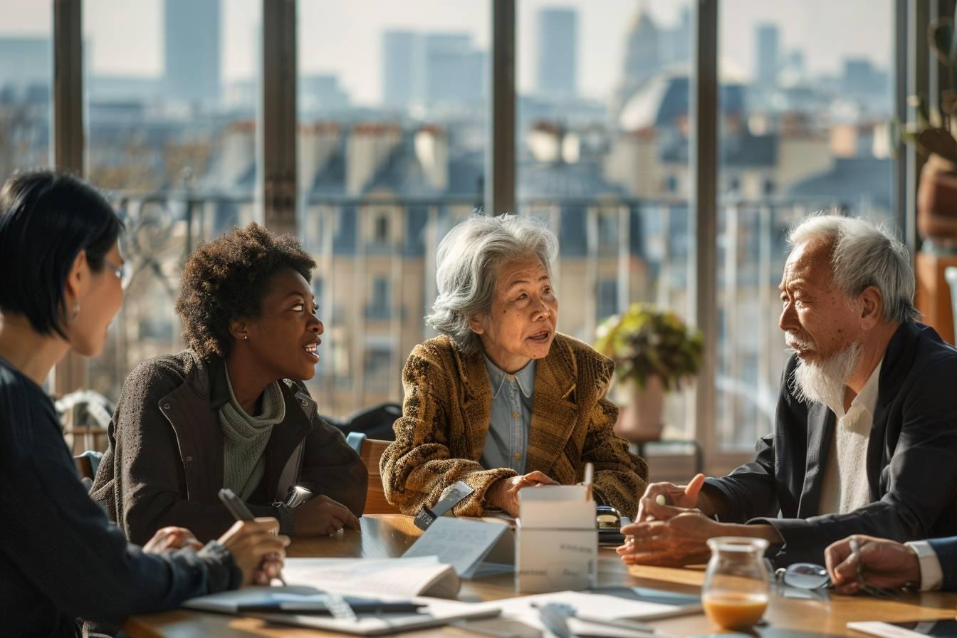 Quatre personnes de diff&eacute;rents &acirc;ges discutent autour d'une table avec un paysage urbain en arri&egrave;re-plan.