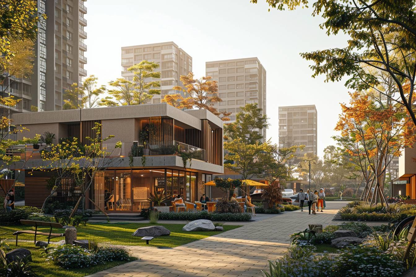 Paysage urbain verdoyant avec des arbres en automne, des b&acirc;timents modernes et un espace ext&eacute;rieur accueillant.