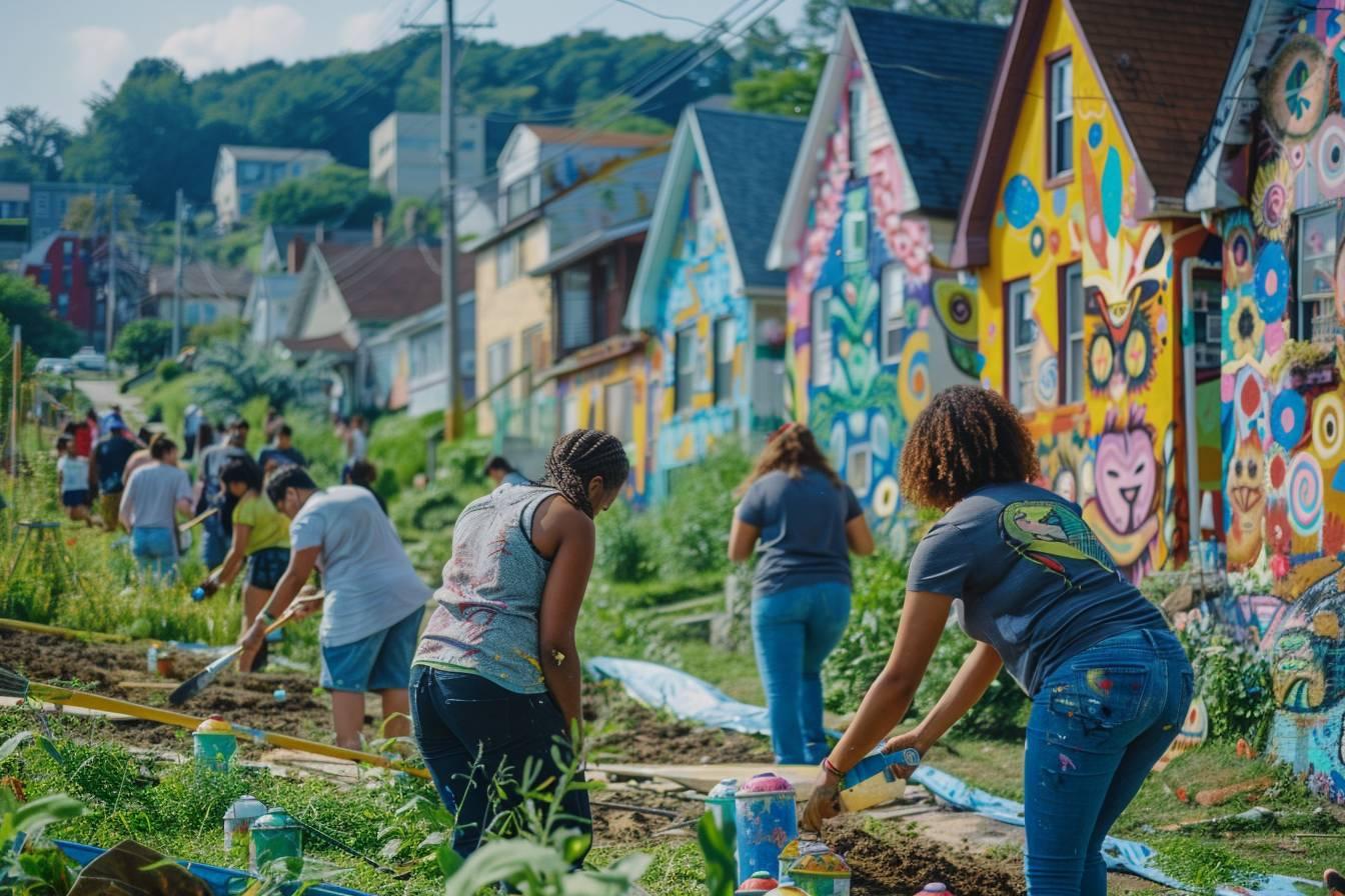 Un groupe de personnes travaillant dans un jardin communautaire urbain color&eacute;.