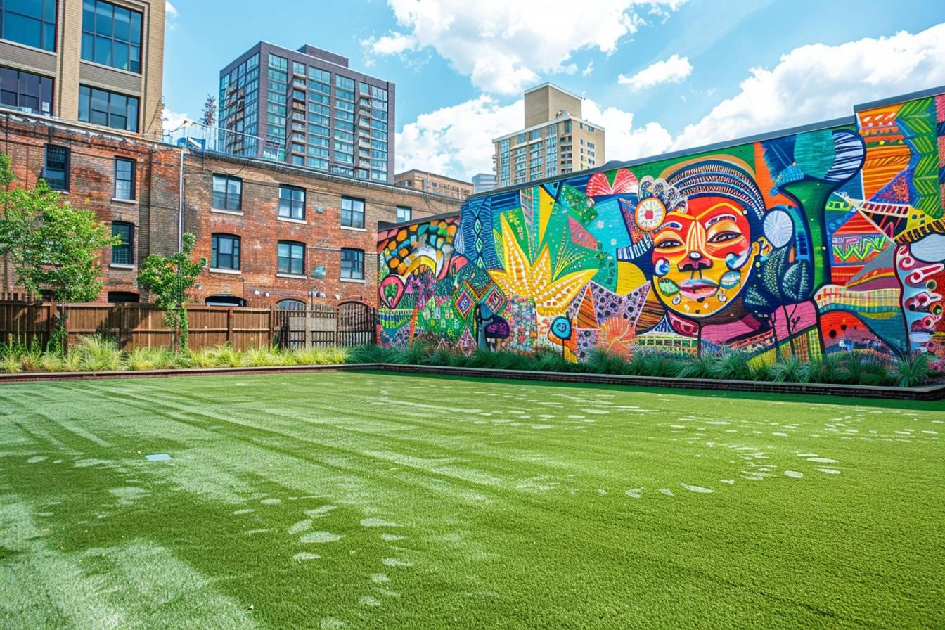 Sc&egrave;ne urbaine avec une murale color&eacute;e et des b&acirc;timents en arri&egrave;re-plan