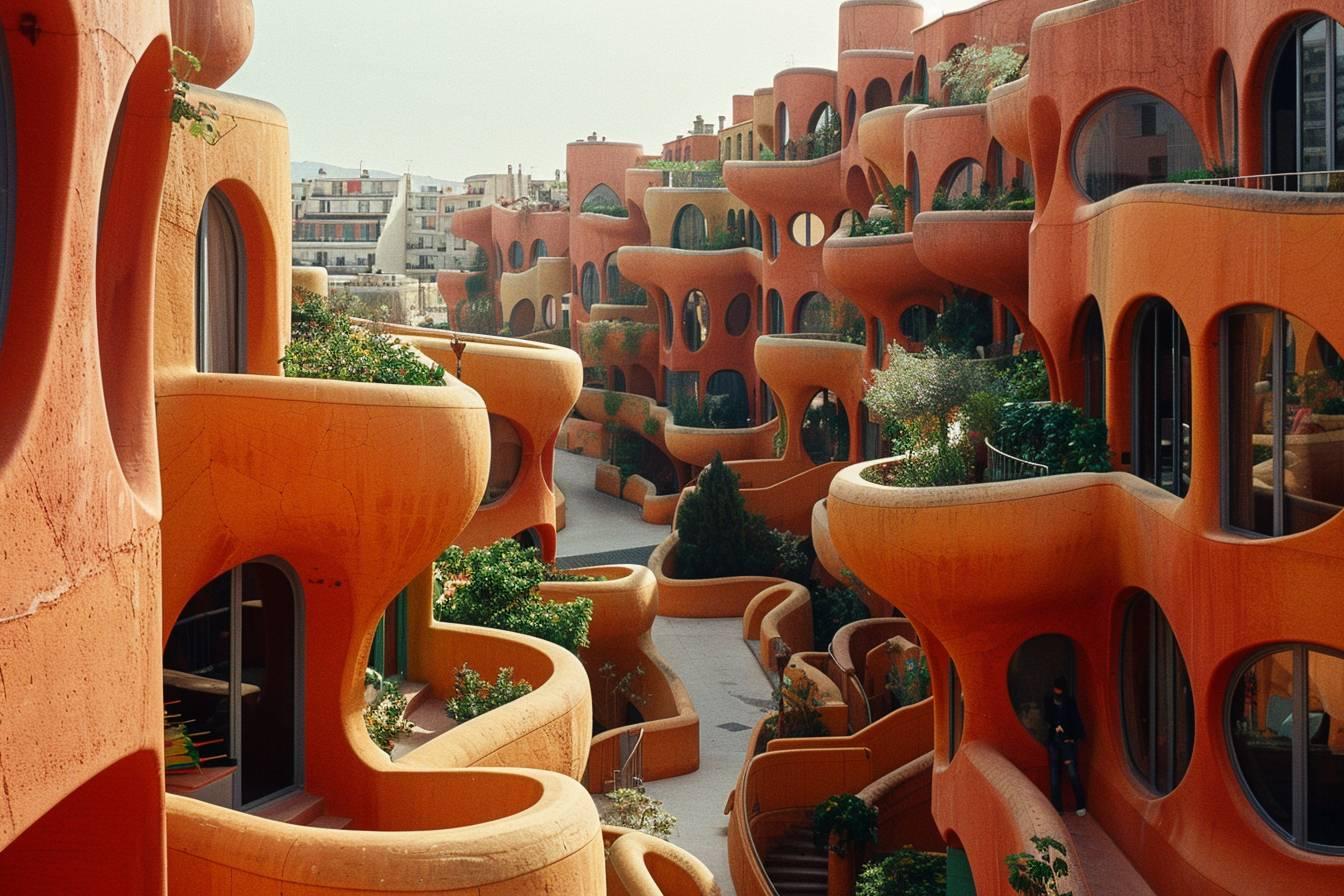 B&acirc;timents orange &agrave; formes organiques avec plantes et fen&ecirc;tres