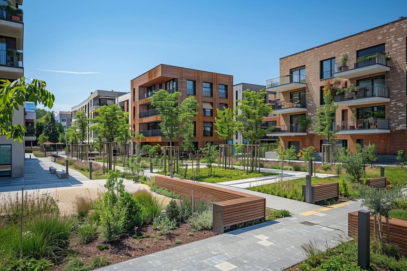 Immeuble de logements entour&eacute; d'espaces verts et d'am&eacute;nagements paysagers