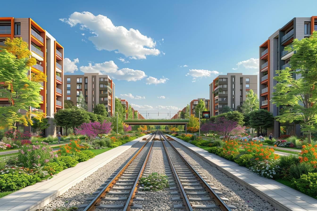 Paysage urbain moderne avec voies ferr&eacute;es et verdure abondante
