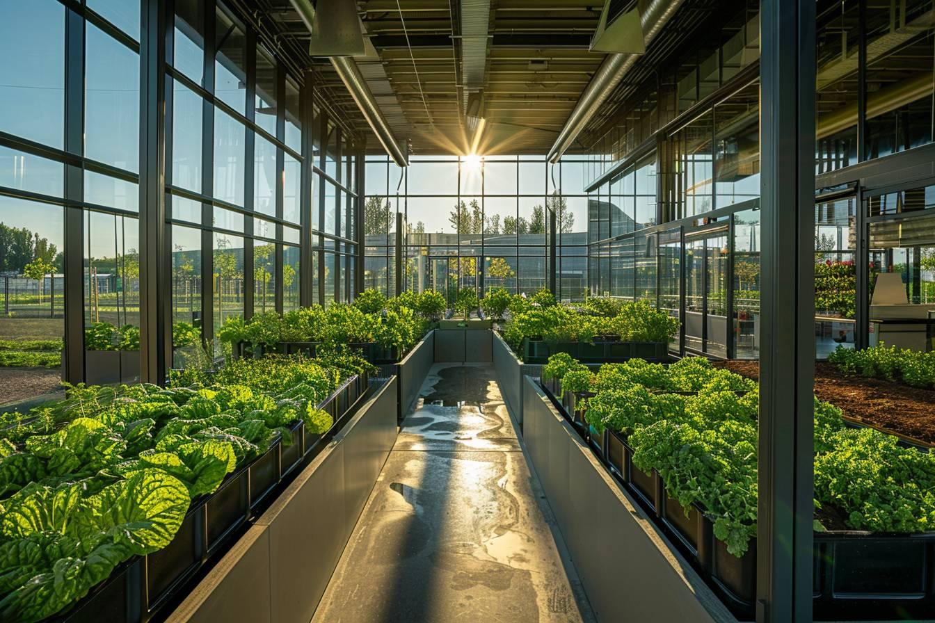 Couloir vitr&eacute; rempli de plants verts et ensoleill&eacute;s